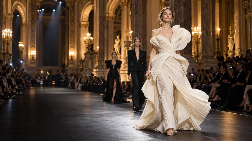 Fashion Week Hungary campaign image featuring a couture runway scene.